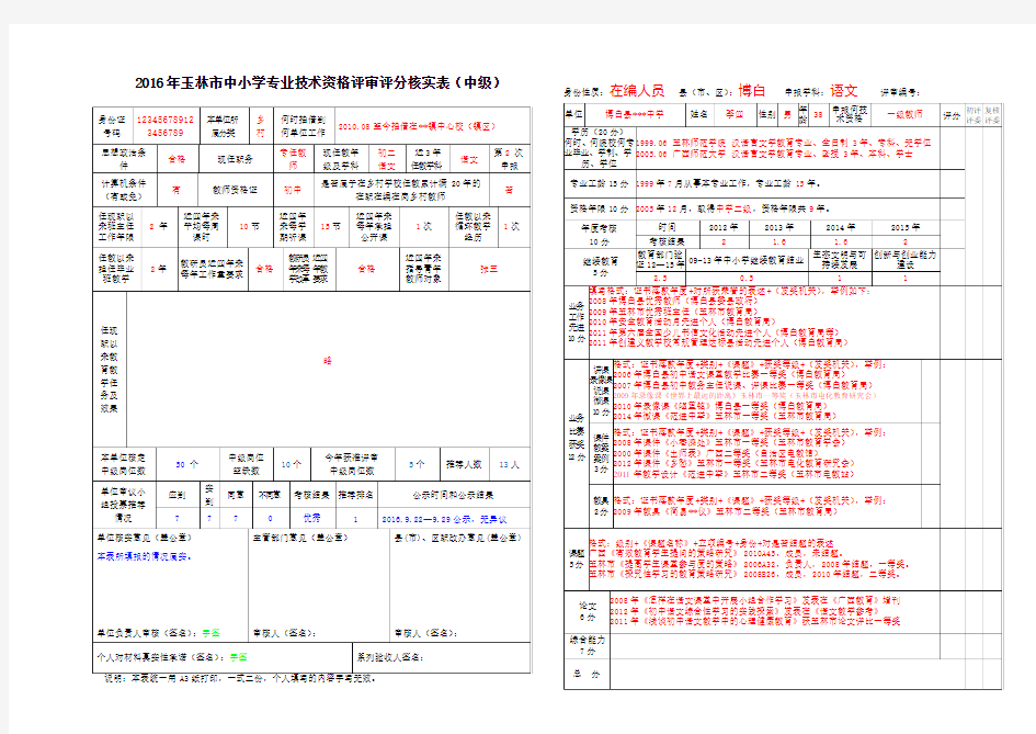 2016年玉林市中小学专业技术资格评审评分核实表(中级)