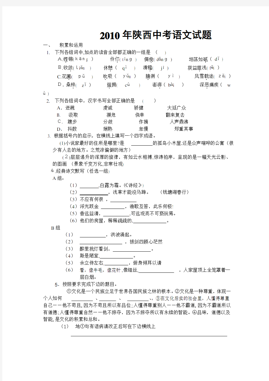 2010年陕西中考语文试题及标准答案