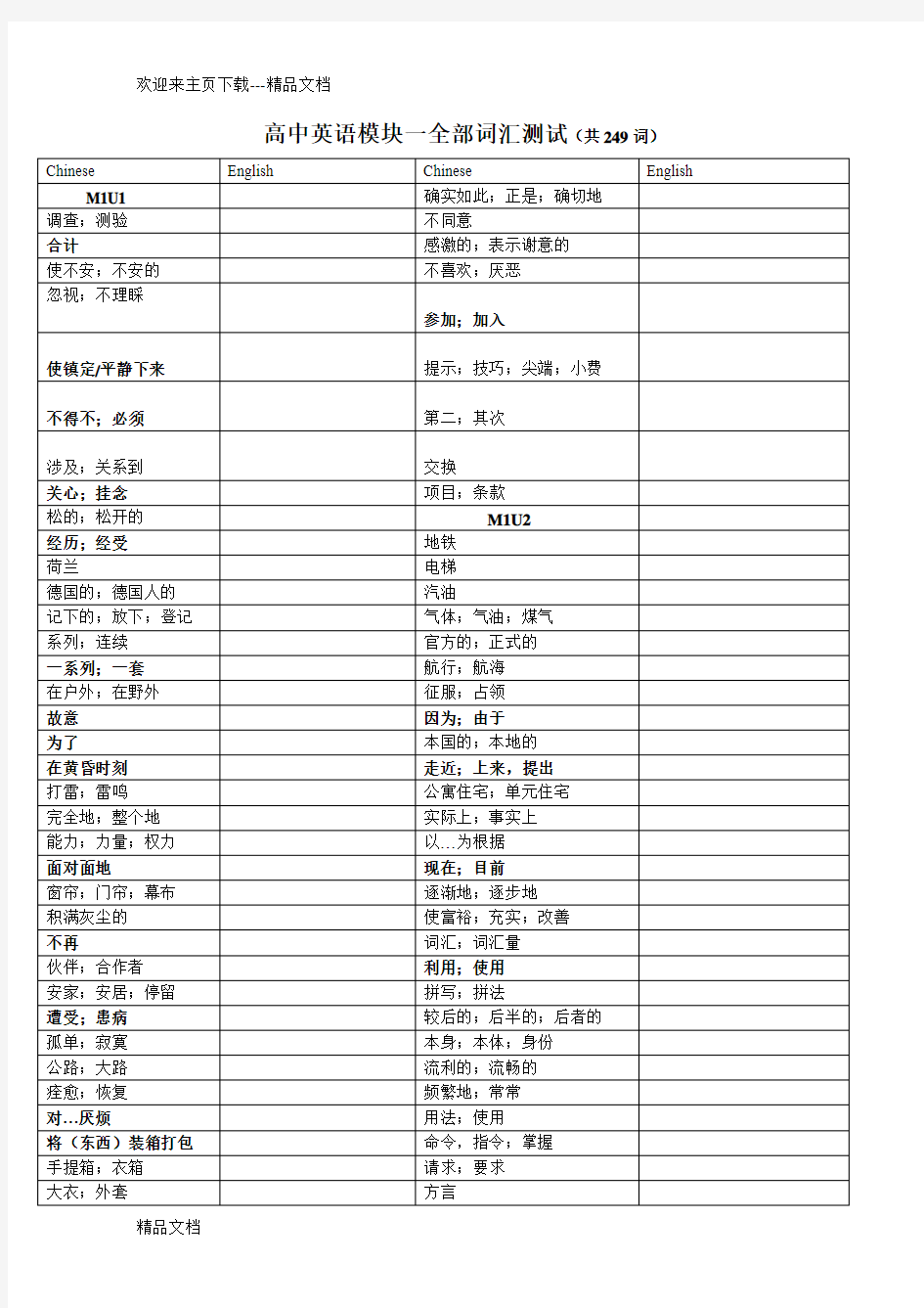 最新人教版高一英语必修一单词检测