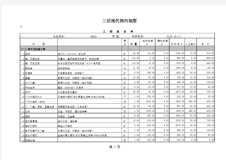 三层别墅装饰工程预算表