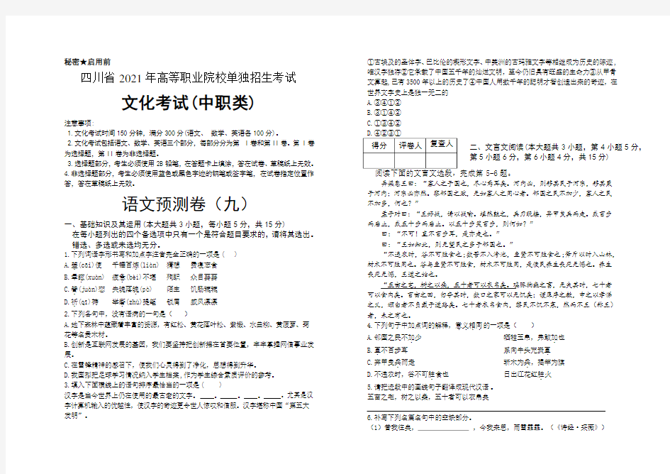 2021四川单招文化考试(中职类)语文预测卷(九)(含答案解析)