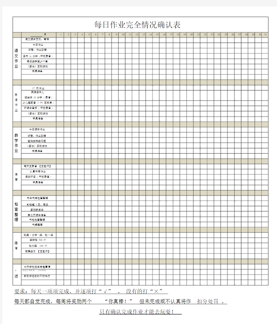 小学生日常作业完成情况确认表.docx