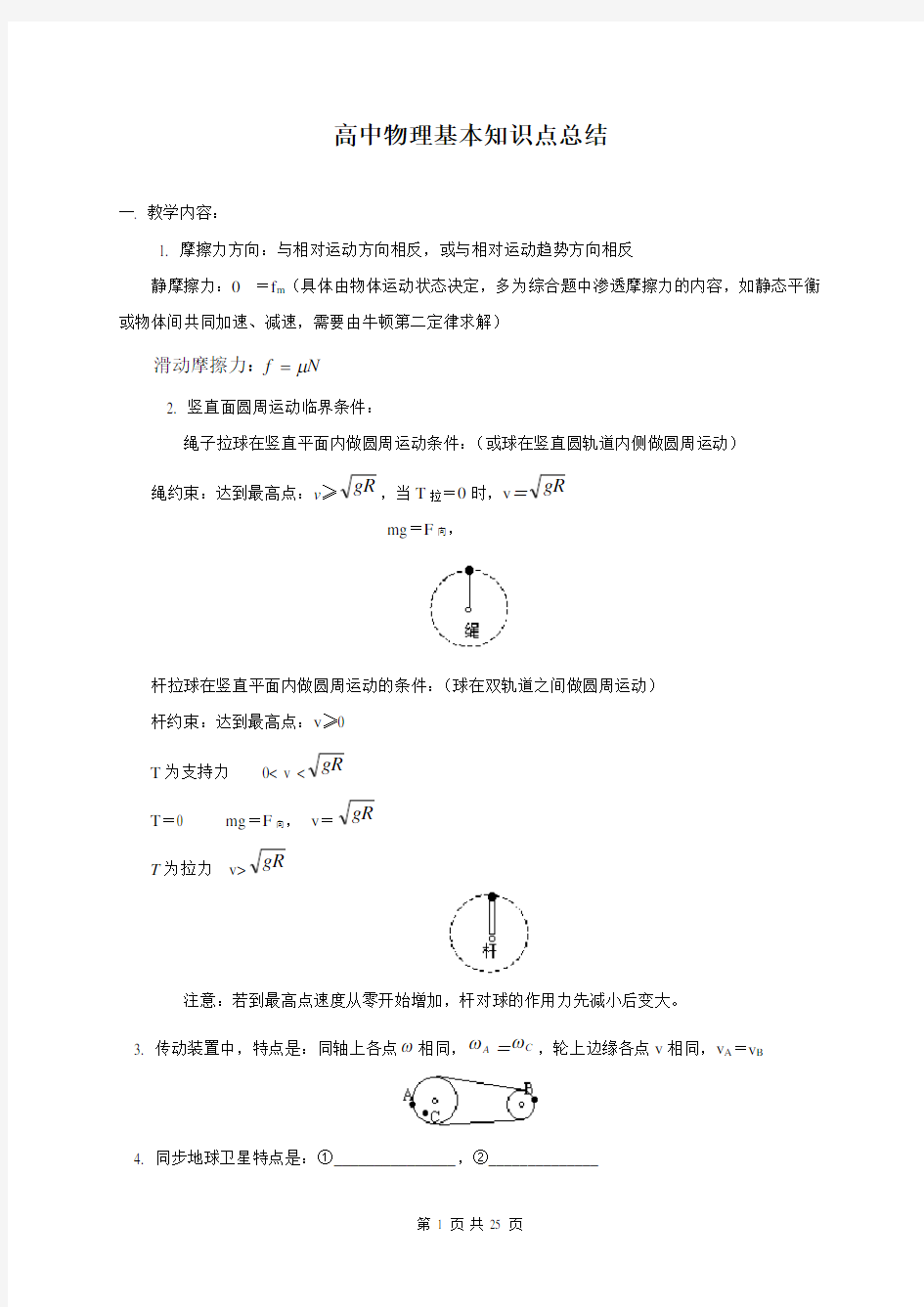 2018届高三人教版高中物理一轮复习 基本知识点总结