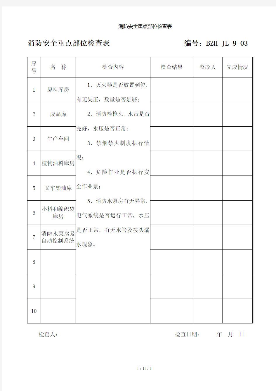 消防安全重点部位检查表