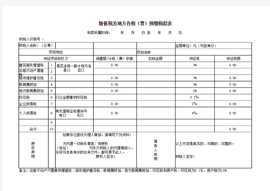 总包分包两个表自动计算增值税及地方各税(费)预缴税款表