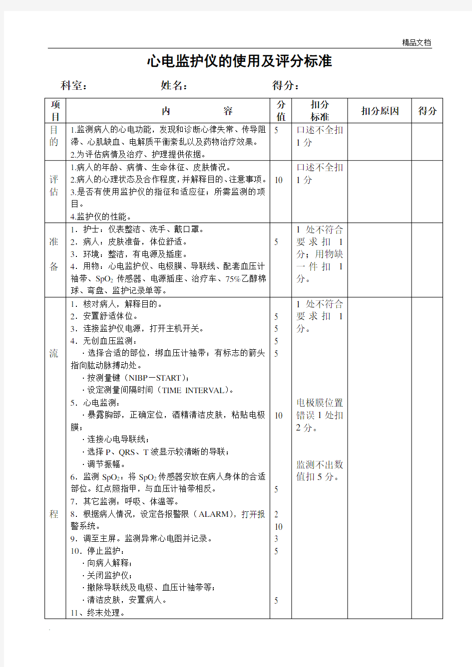 心电监护仪的使用及评分标准