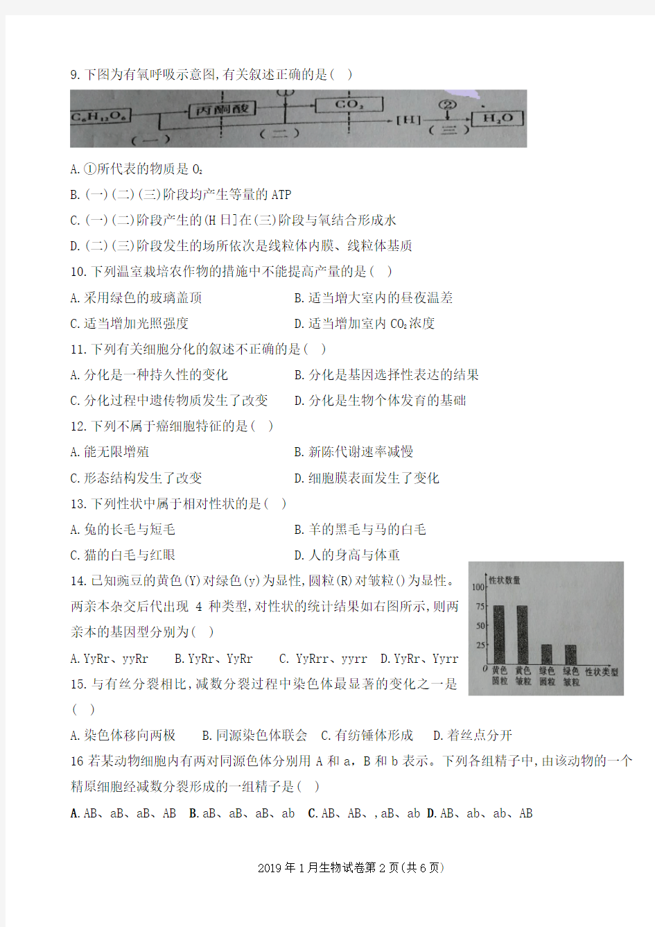 2019年1月云南省普通高中生物学业水平考试  