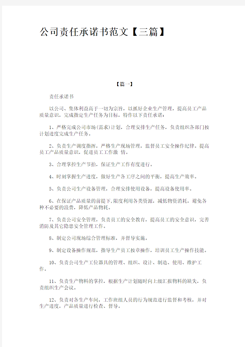 公司责任承诺书范文