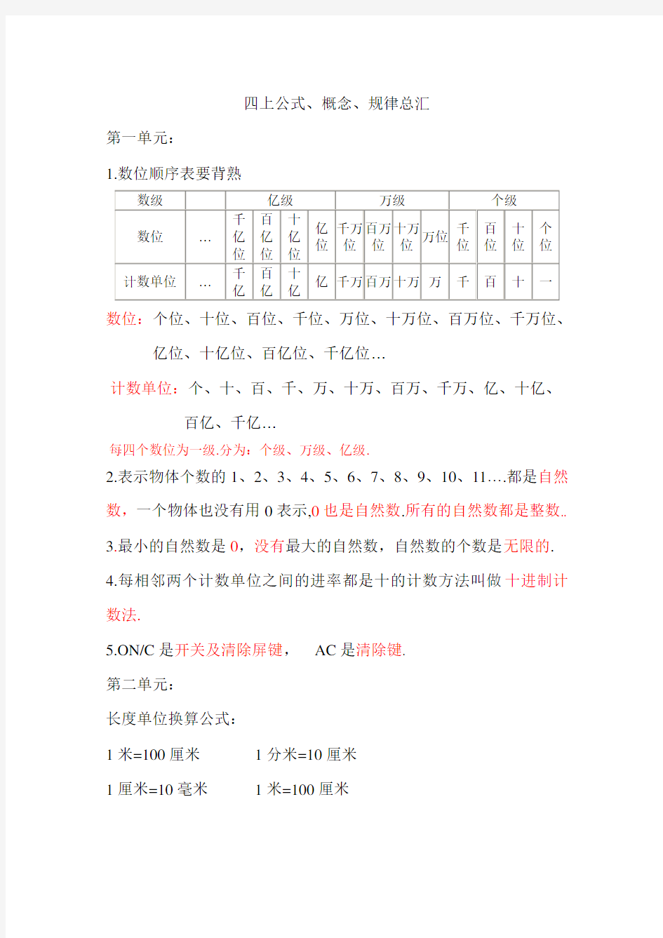 人教版小学数学四年级上册公式总汇