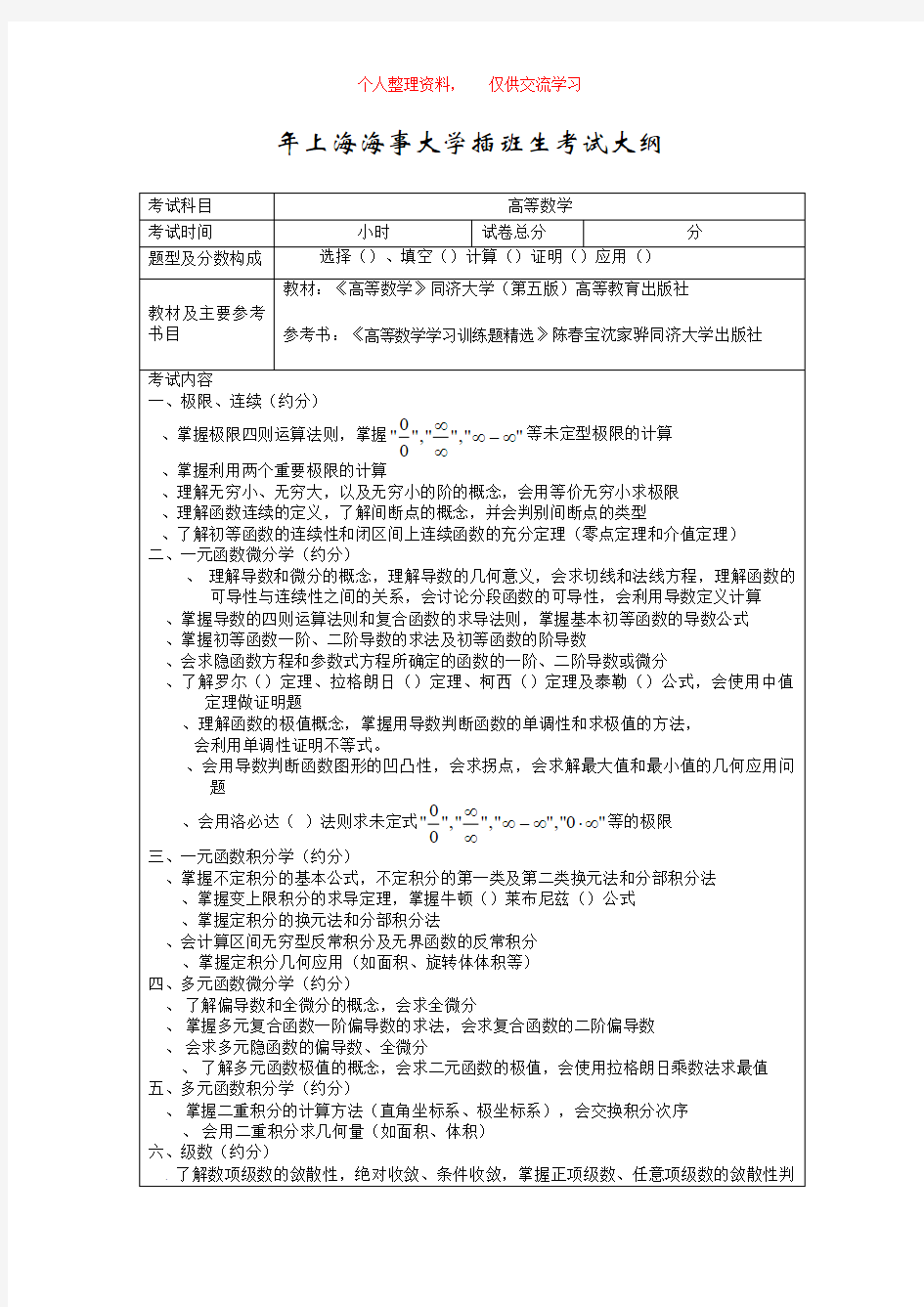 2018年上海海事大学插班生考试大纲