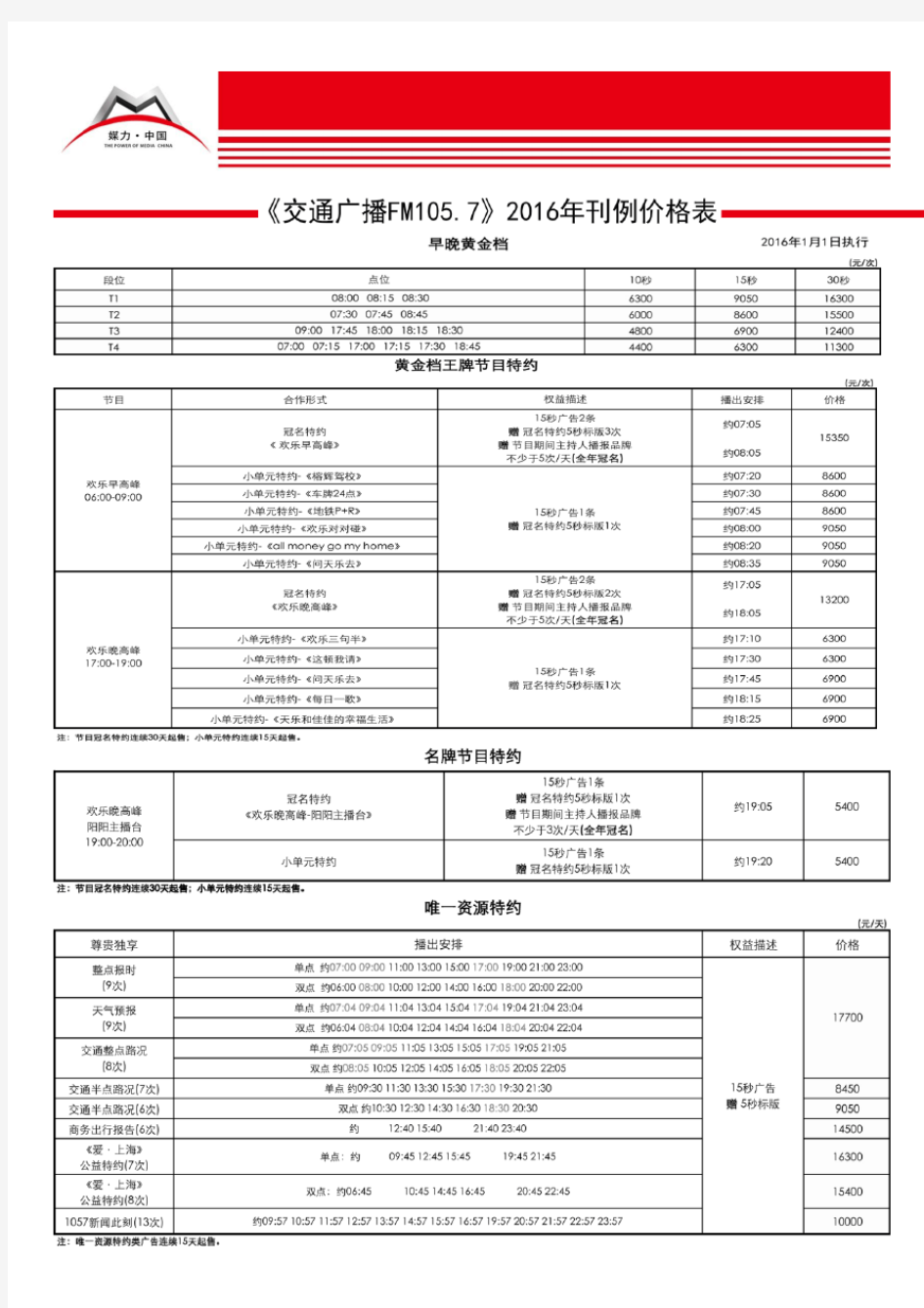 2016年上海交通广播FM105.7广告刊例表