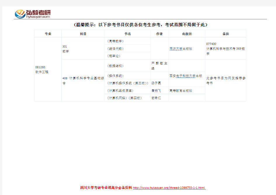 四川大学软件工程考研参考书目
