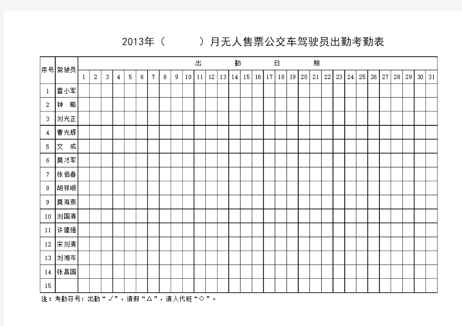 无人售票公交车驾驶员出勤考勤表