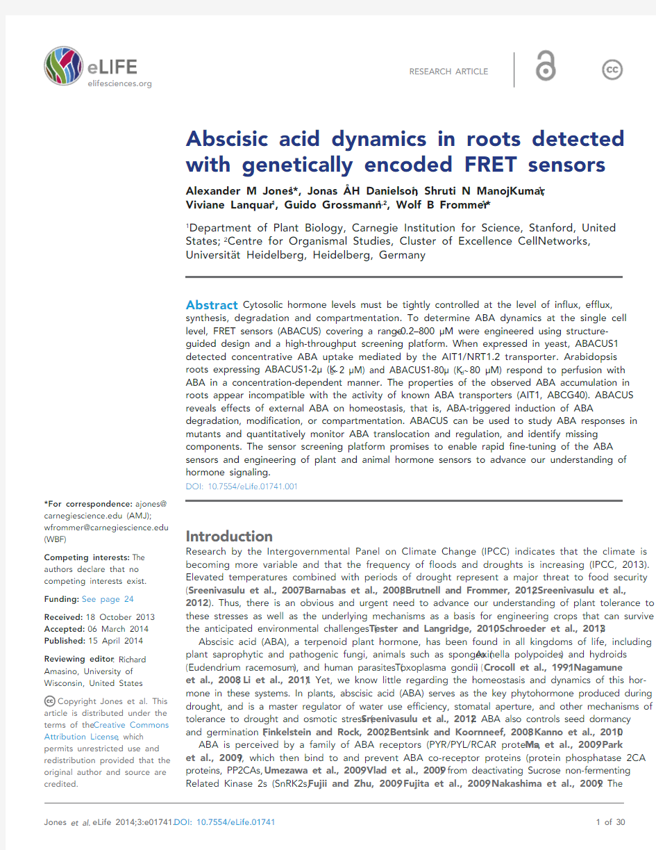 Abscisic acid dynamics in roots detected with genetically encoded FRET sensors