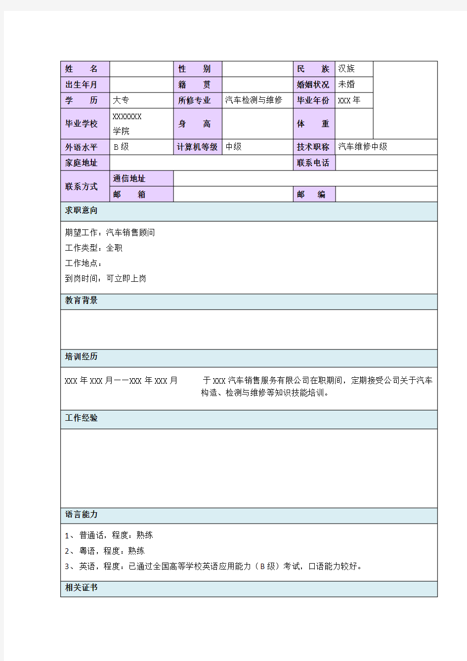 汽修专业个人简历