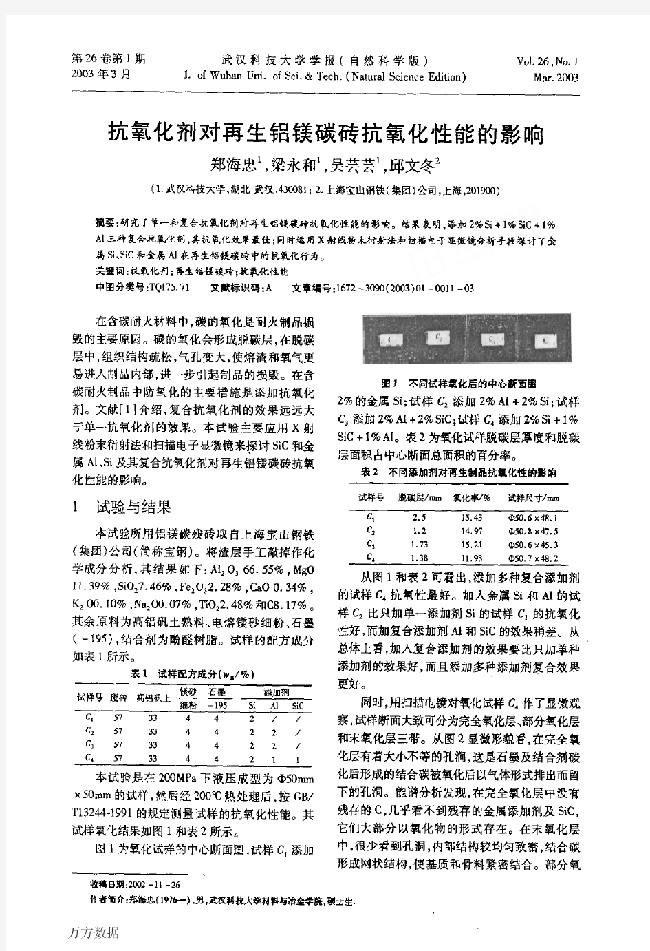 抗氧化剂对再生铝镁碳砖抗氧化性能的影响