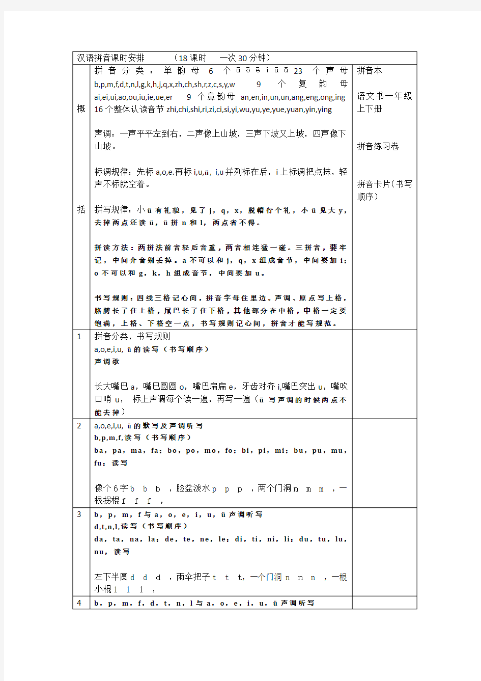 汉语拼音课时安排教师版