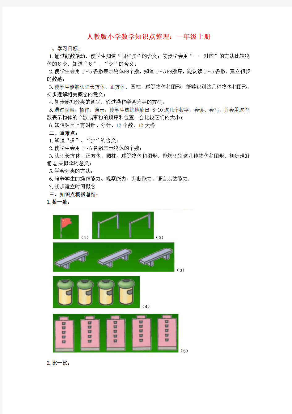 一年级数学上册 知识点整理 人教版