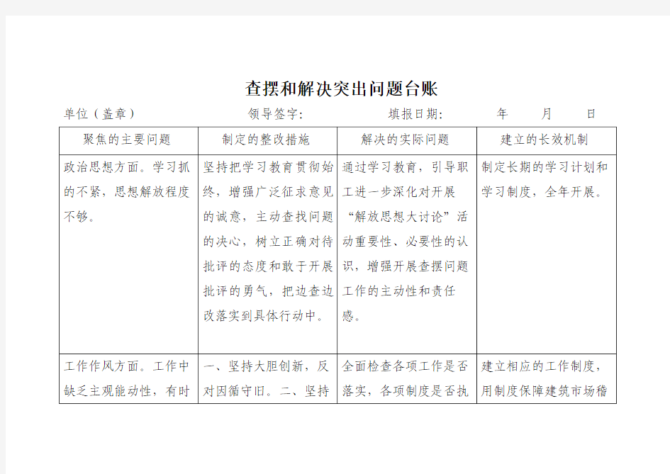 查摆和解决突出问题台账