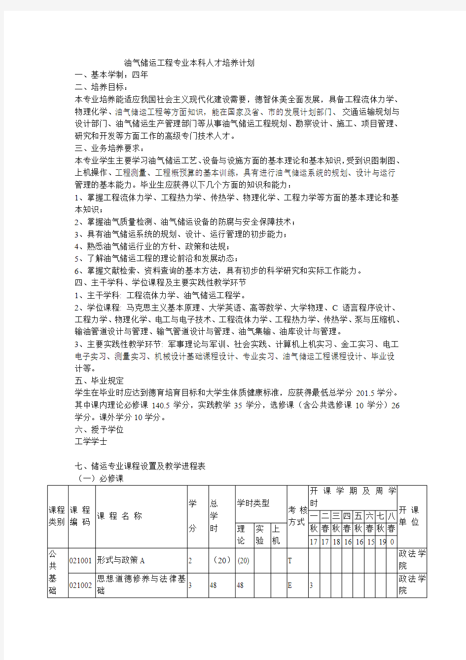 长江大学-油气储运工程专业本科人才培养计划