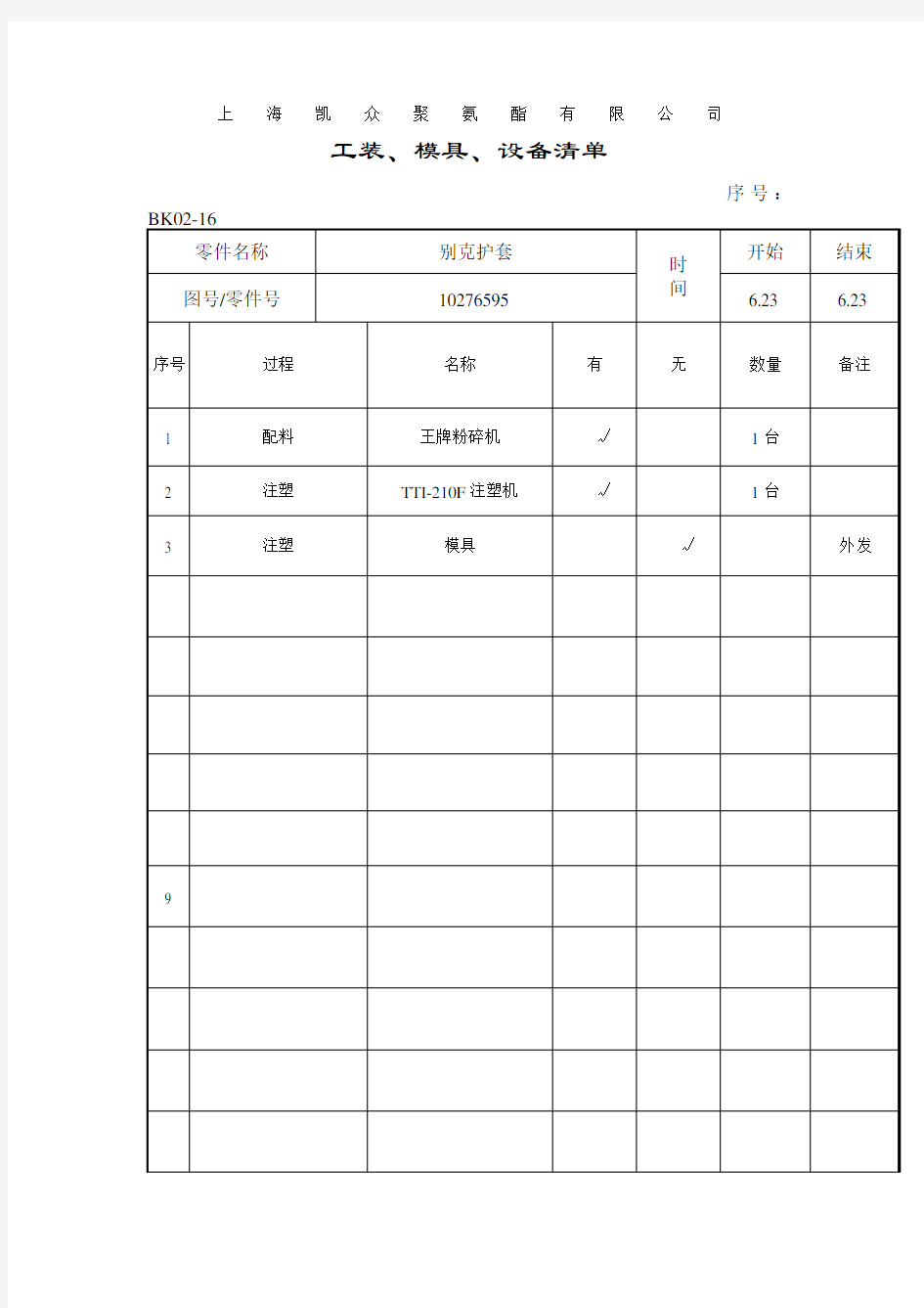 工装模具设备清单