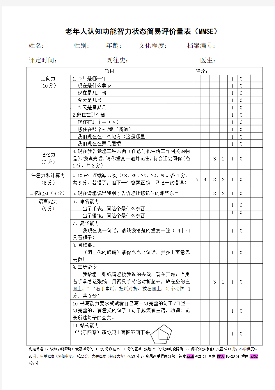 老年人认知功能智力状态简易评价量表MMSE