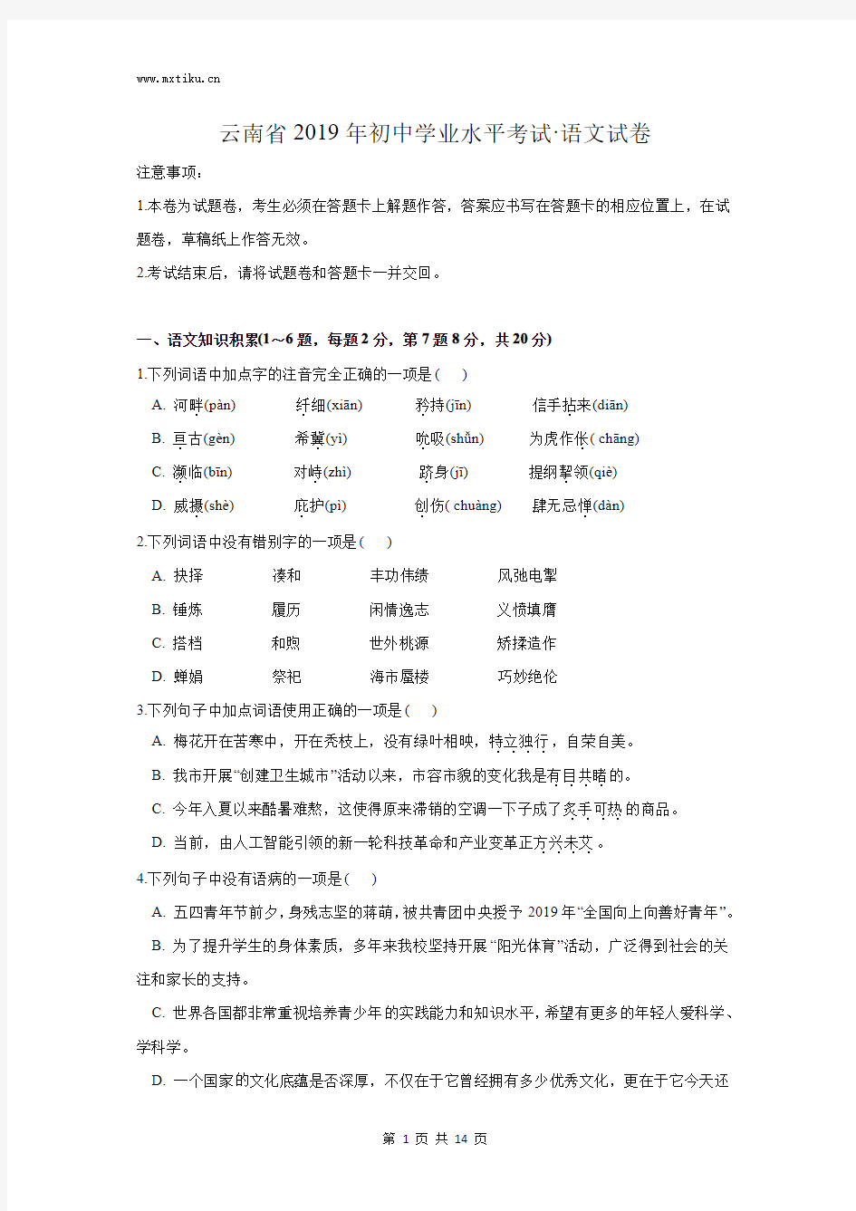 云南省2019年初中学业水平考试语文试卷及答案