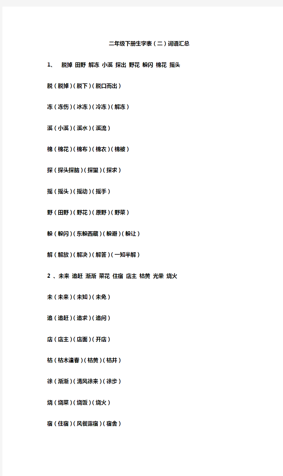 小学二年级语文下册二类字词语汇总