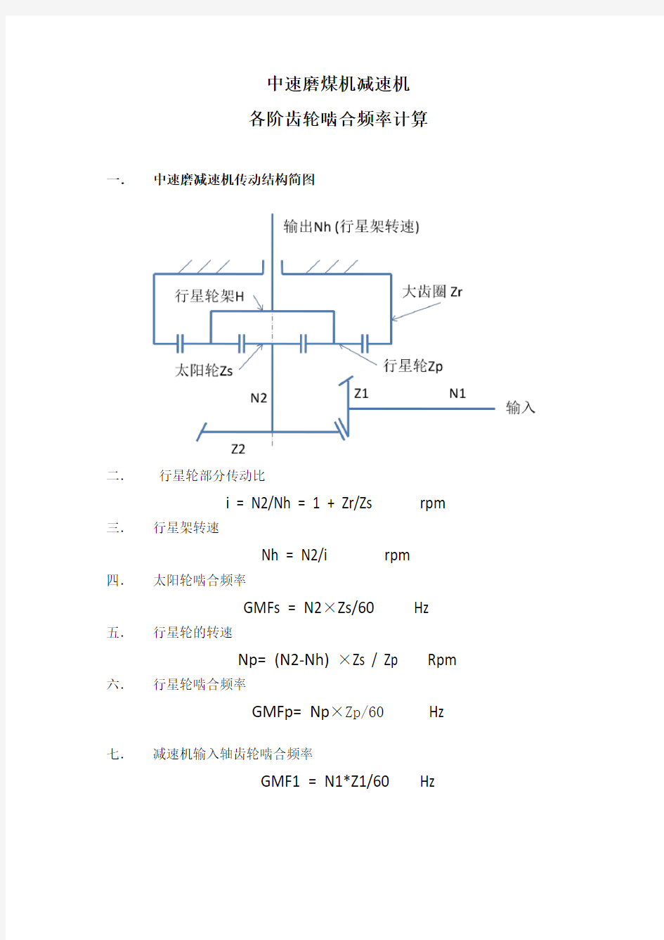 中速磨减速机各阶齿轮啮合频率计算