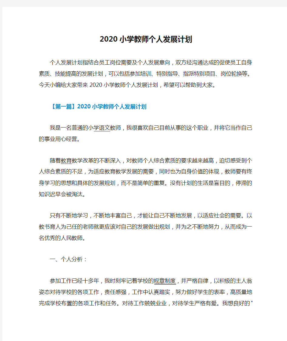 2020小学教师个人发展计划