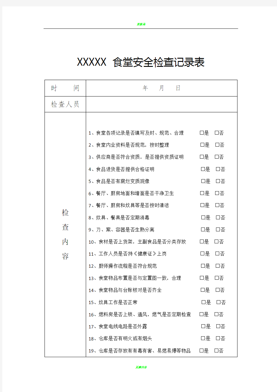 食堂安全检查记录表