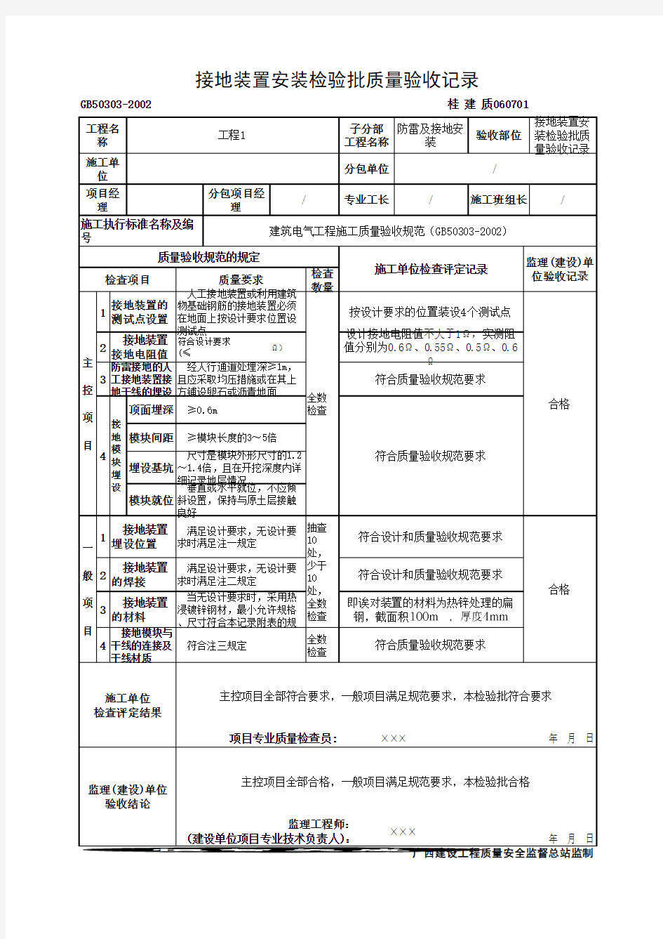 接地装置安装检验批质量验收记录(最新版)