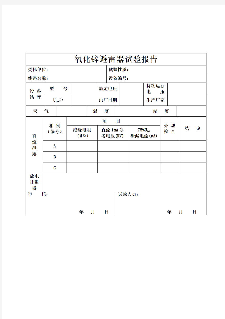 氧化锌避雷器试验报告模板