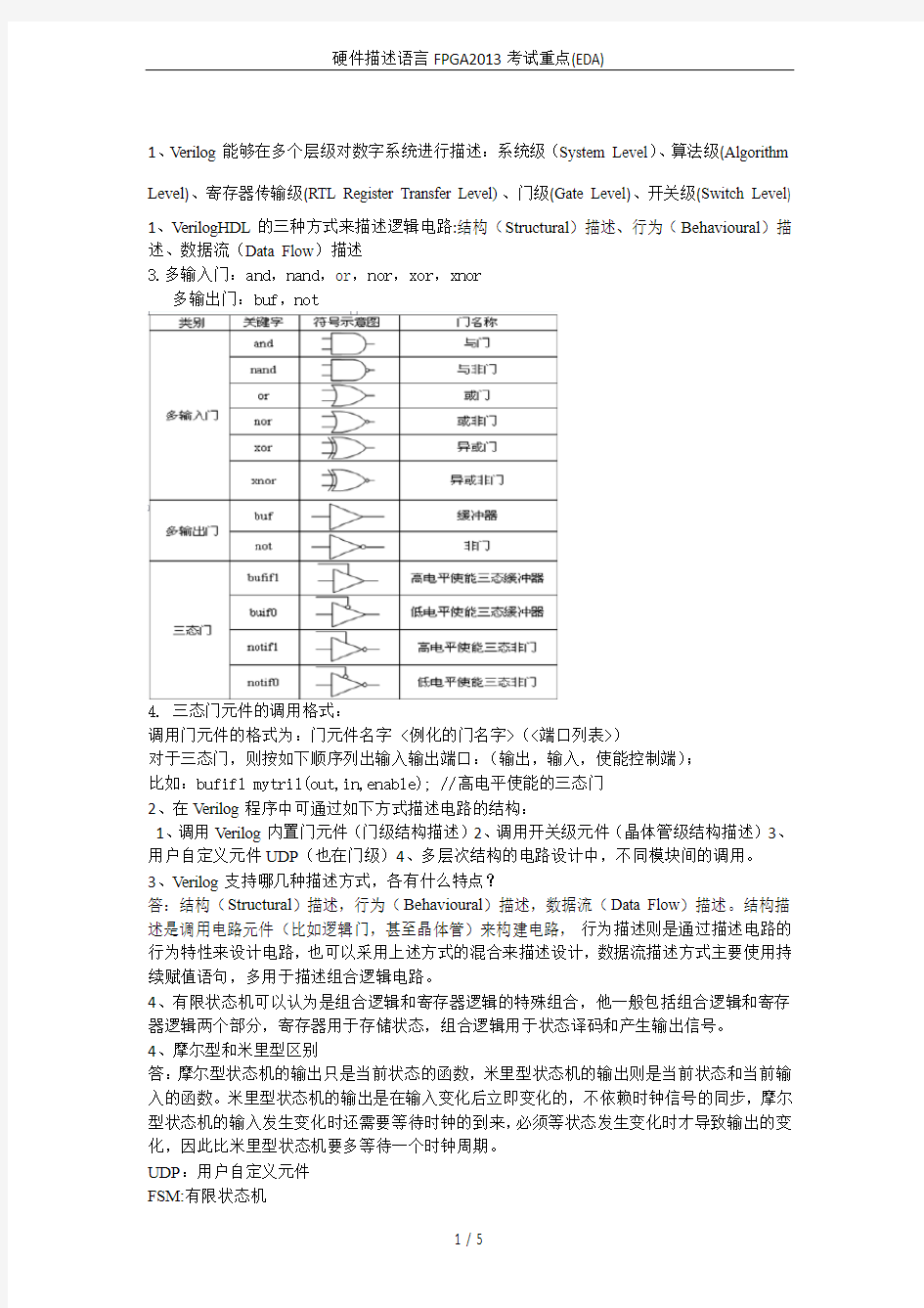 硬件描述语言FPGA2013考试重点(EDA)