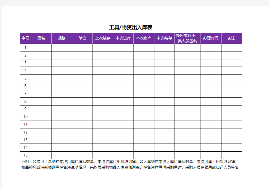 工具物资出入库表