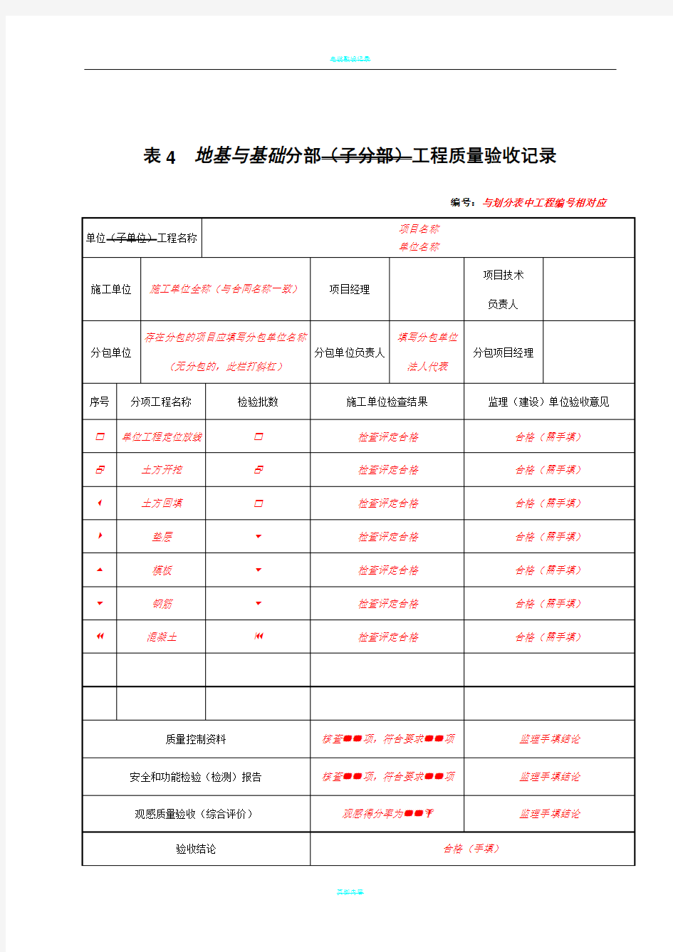 地基与基础分部(子分部)工程质量验收记录