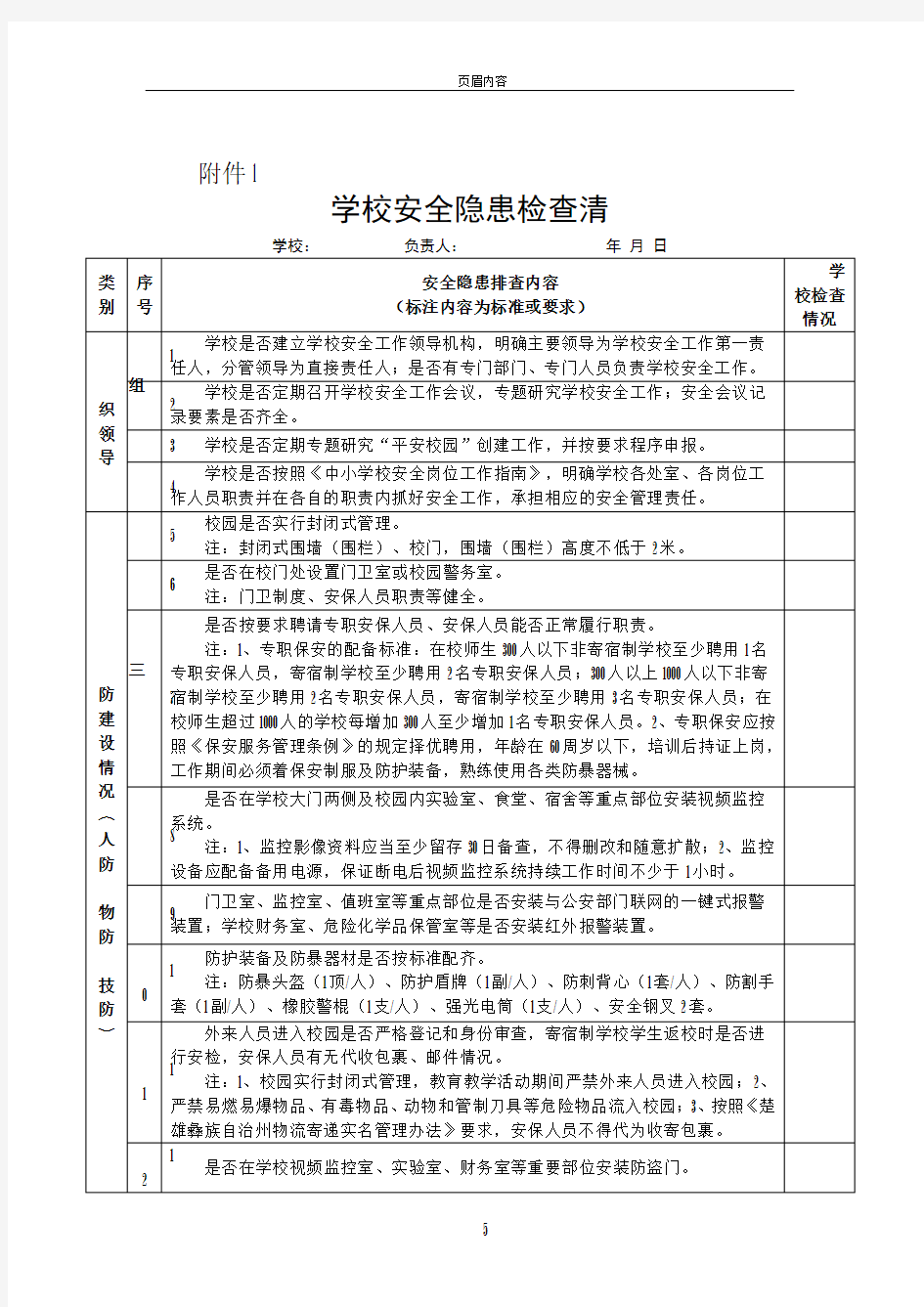 学校安全隐患检查清单