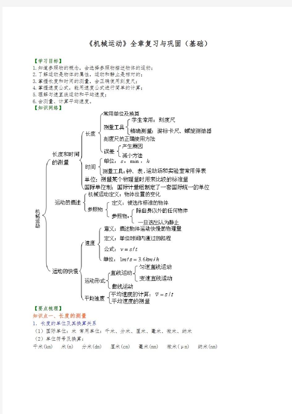 机械运动全章复习与巩固知识讲解基础