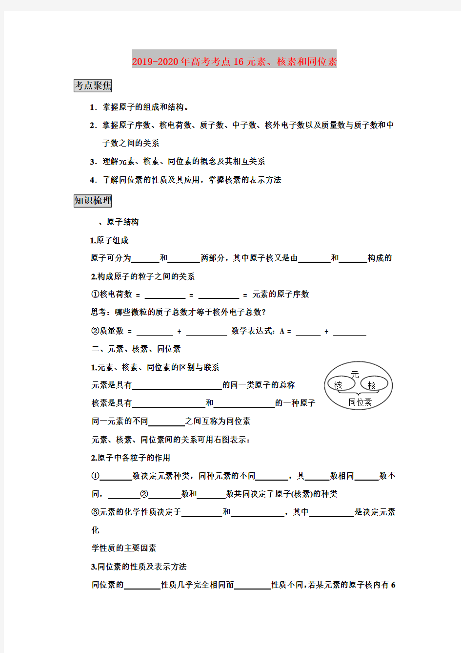 2019-2020年高考考点16元素、核素和同位素