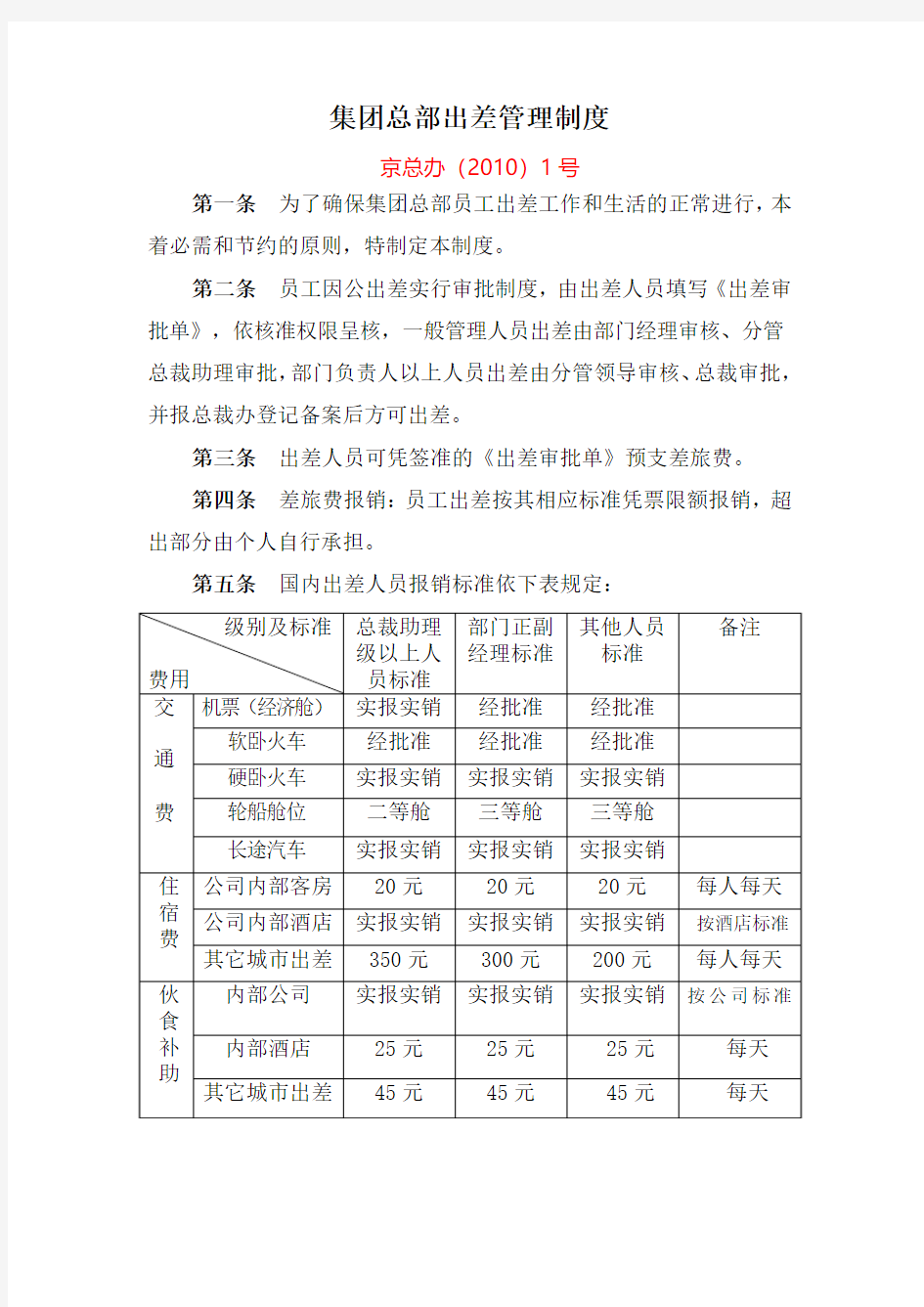 集团总部出差管理制度