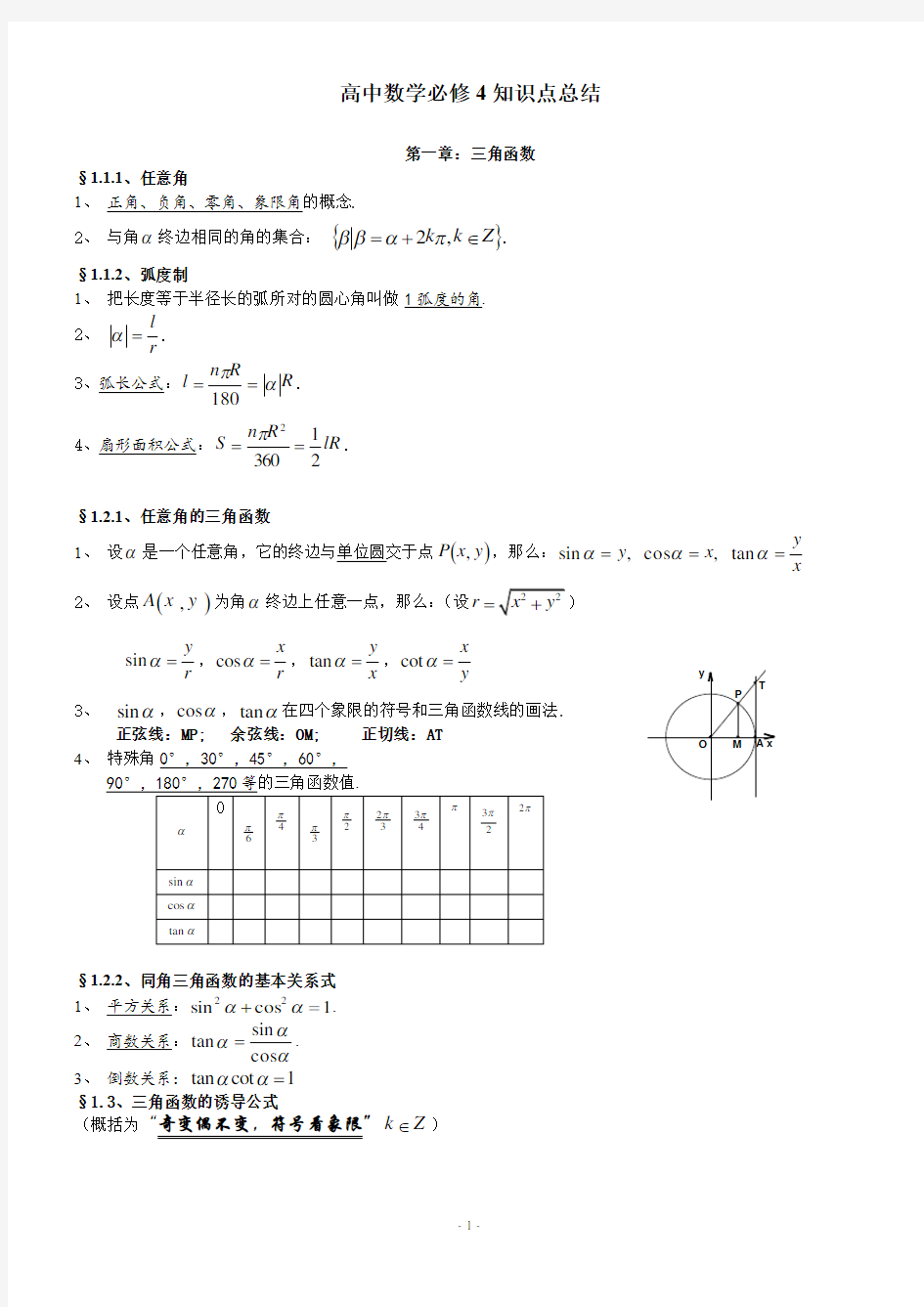 高中数学必修4知识点总结