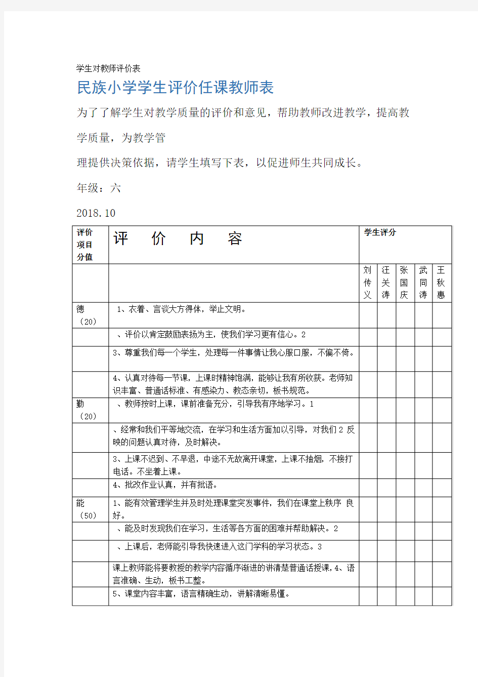 学生对教师评价表