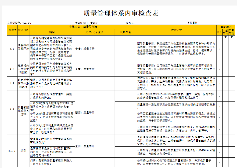GJB9001C-2017最高管理者内审检查表