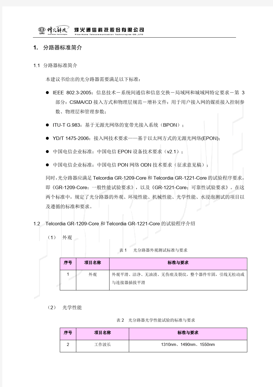 光分路器标准及测试方法介绍