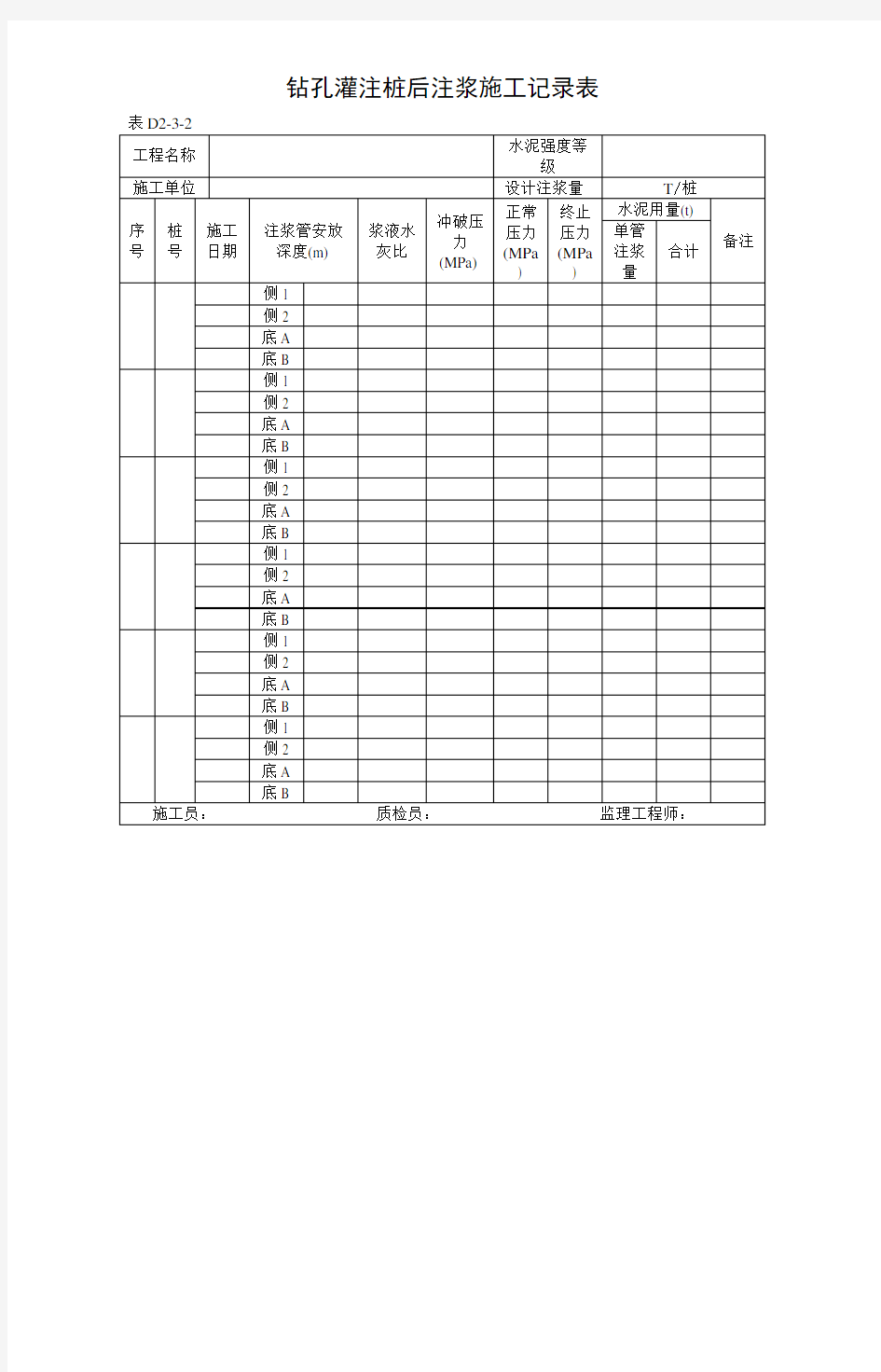 钻孔灌注桩后注浆施工记录表