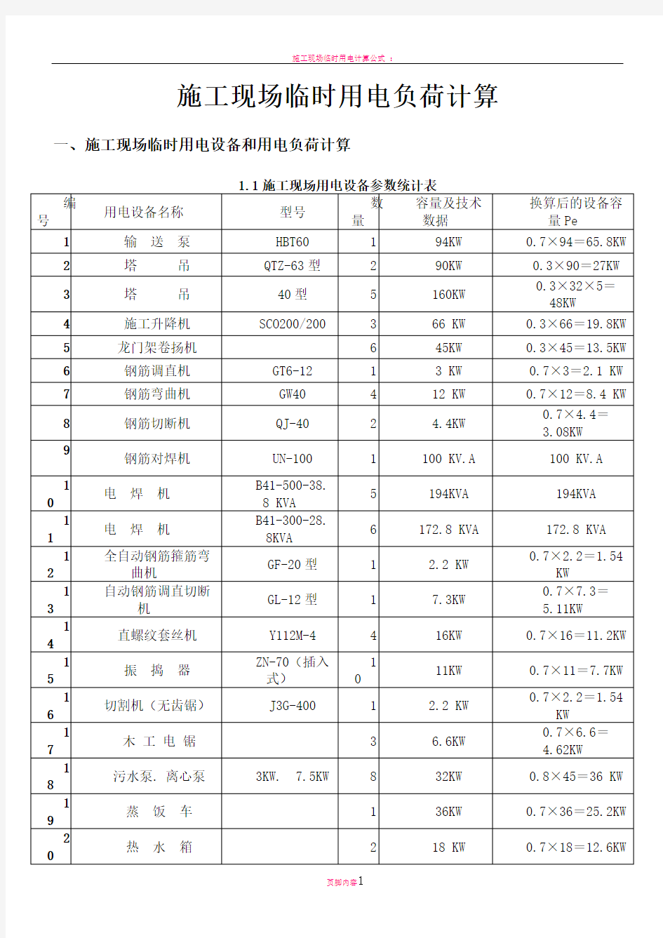 施工现场临时用电设备和用电负荷计算应用完整实例