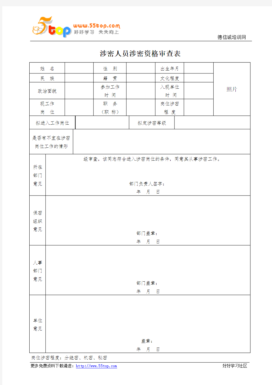 涉密人员涉密资格审查表