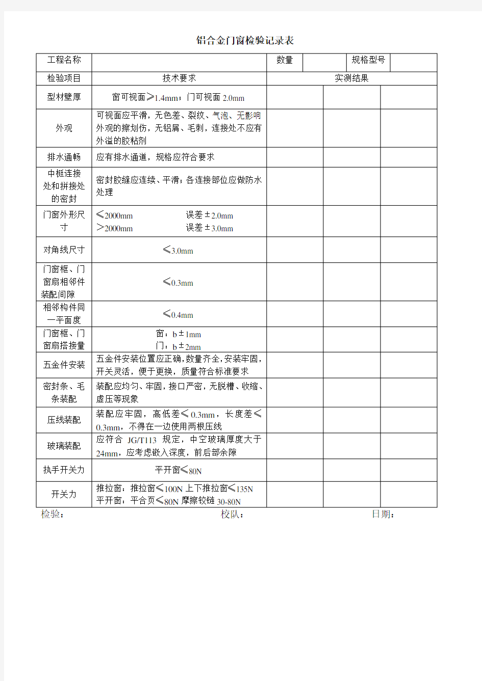 铝合金门窗检验记录表