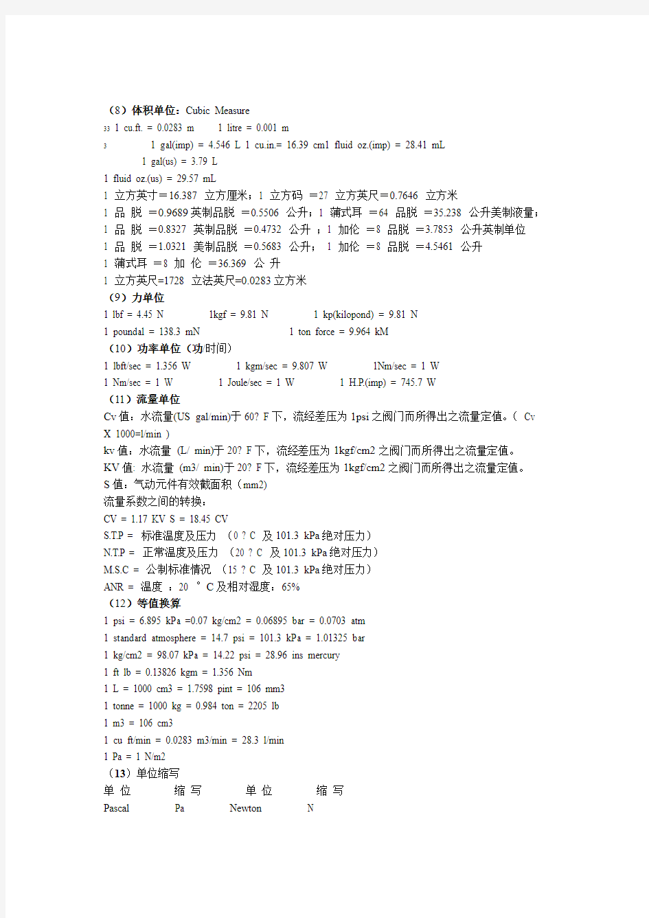 常用英制单位与国际单位换算