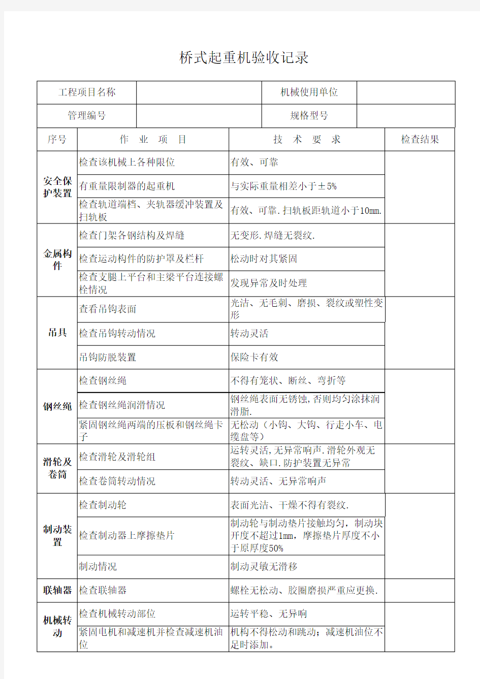 桥式起重机验收表